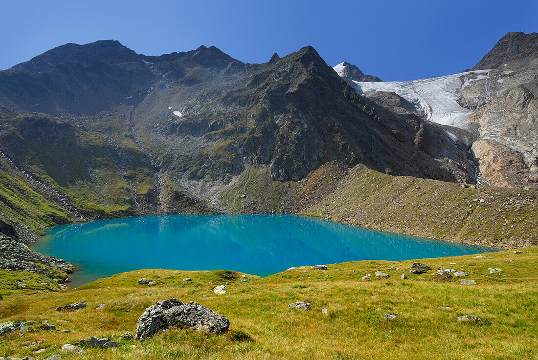 Grünausee mit Wilder Freiger und Wilder-Freiger-Ferner im Hintergrund, Stubaier Alpen, Stubai, Tirol, Österreich