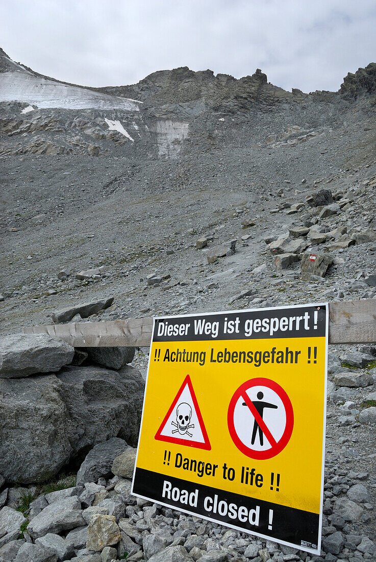 keep out sign, danger to life, due to rock slide, glacier melt due to climate change, global warming, ascent to notch Pitztaler Joechl, Oetztal range, Tyrol, Austria