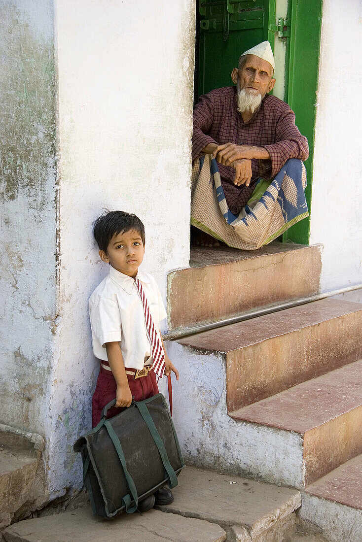 Boy and grandfather, Agra. Uttar Pradesh, India