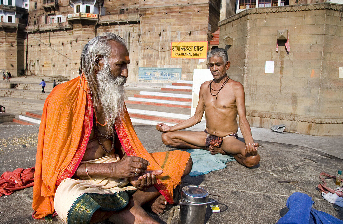 Meditation on the Ganges ghats, Varanasi. Uttar Pradesh, India