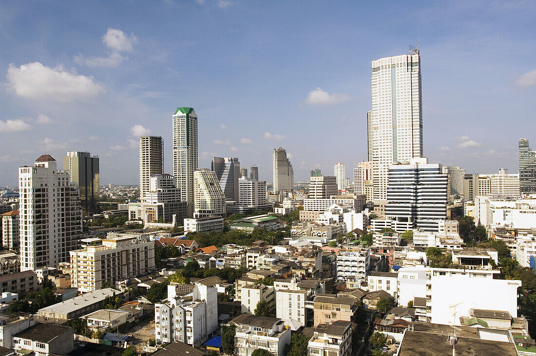 Modern Buildings of the Bangrak District looking West towards the Chao Phraya River, Bangkok. Thailand