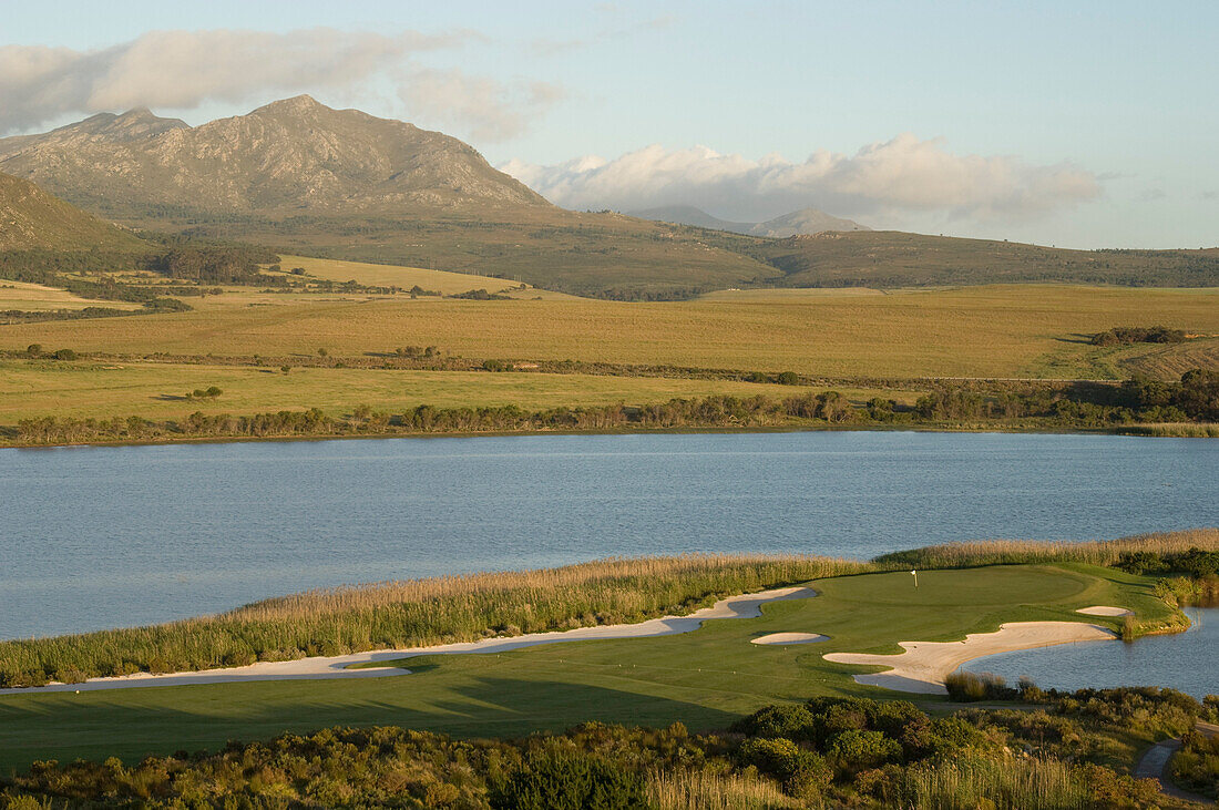 View over the deserted golf course of the Arabella Western Cape Hotel & Spa, Hermanus, Western Cape, South Africa, Africa