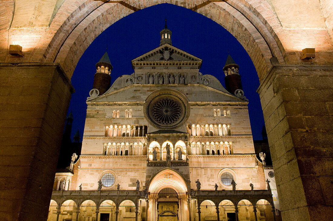 Cathedral of Cremona and town square at night, Piazza Duomo, Cremona, Lombardy, Italy