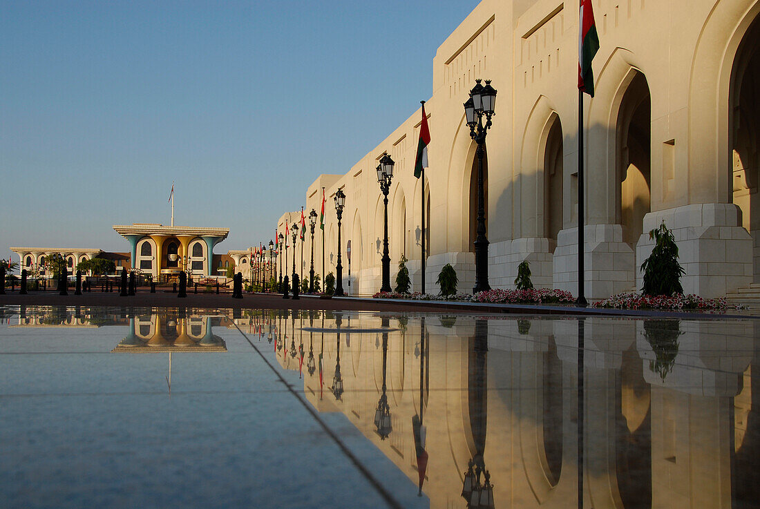 View over water basin at the Al Alam Palace, Muscat, Oman, Asia