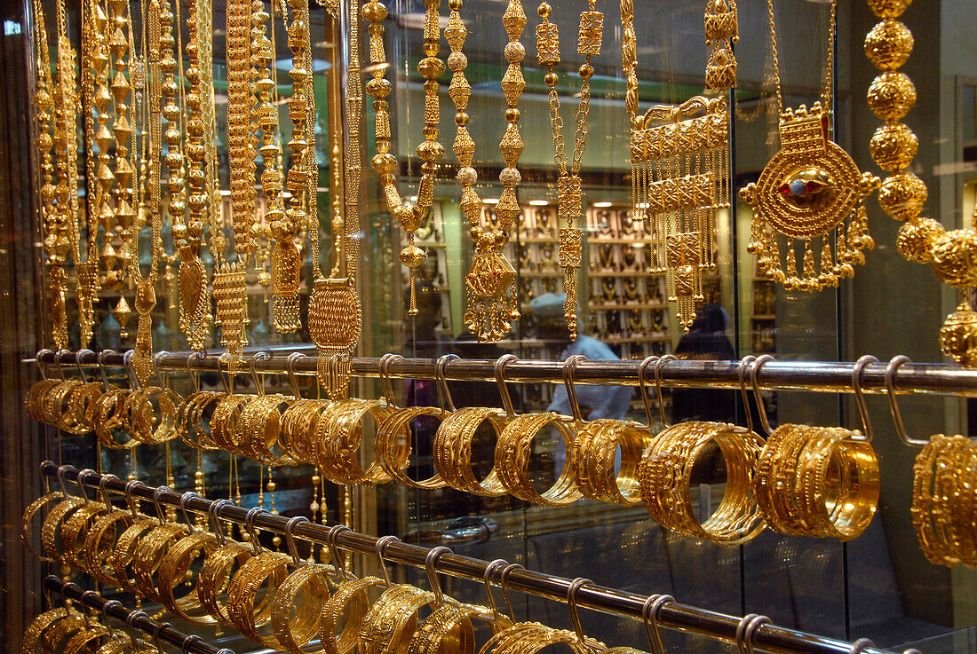 Gold jewellery in a shop at the Matrah district, Muscat, Oman, Asia