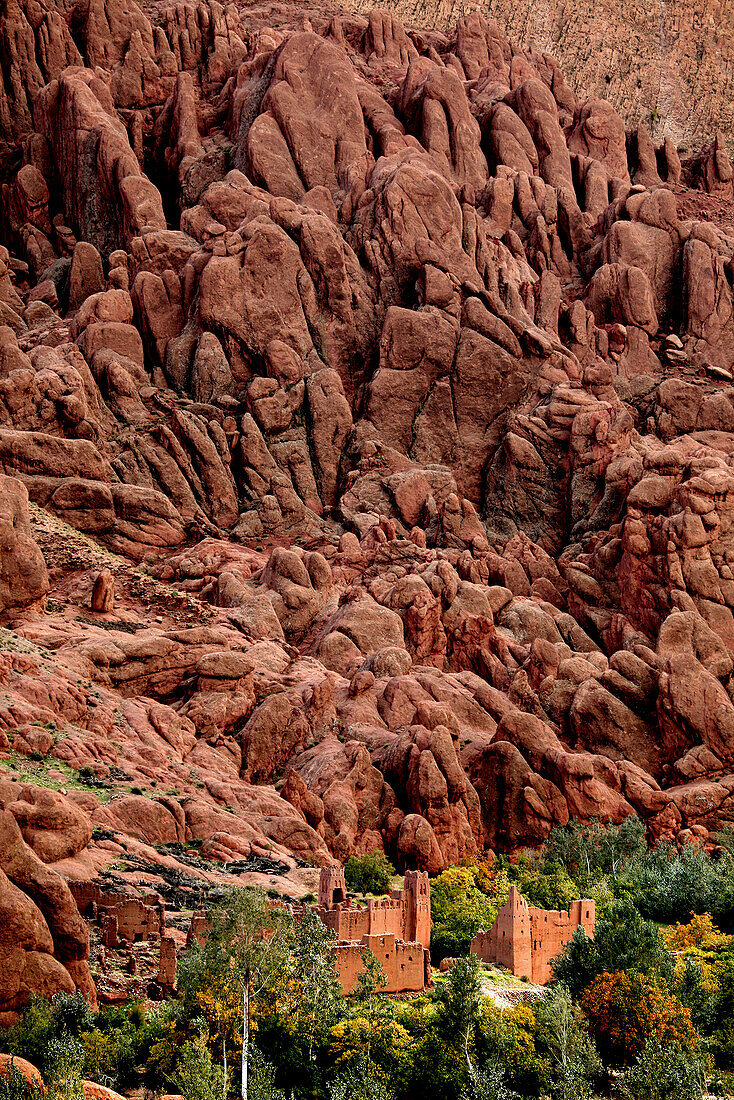 Decayed kasbah in front of rock formation at Dades gorge, Morocco, Africa