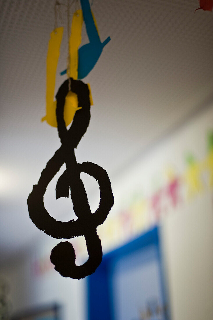 Hand-made music notes and treble clef, G-clef hung up in a school, Music lesson, School, Decoration