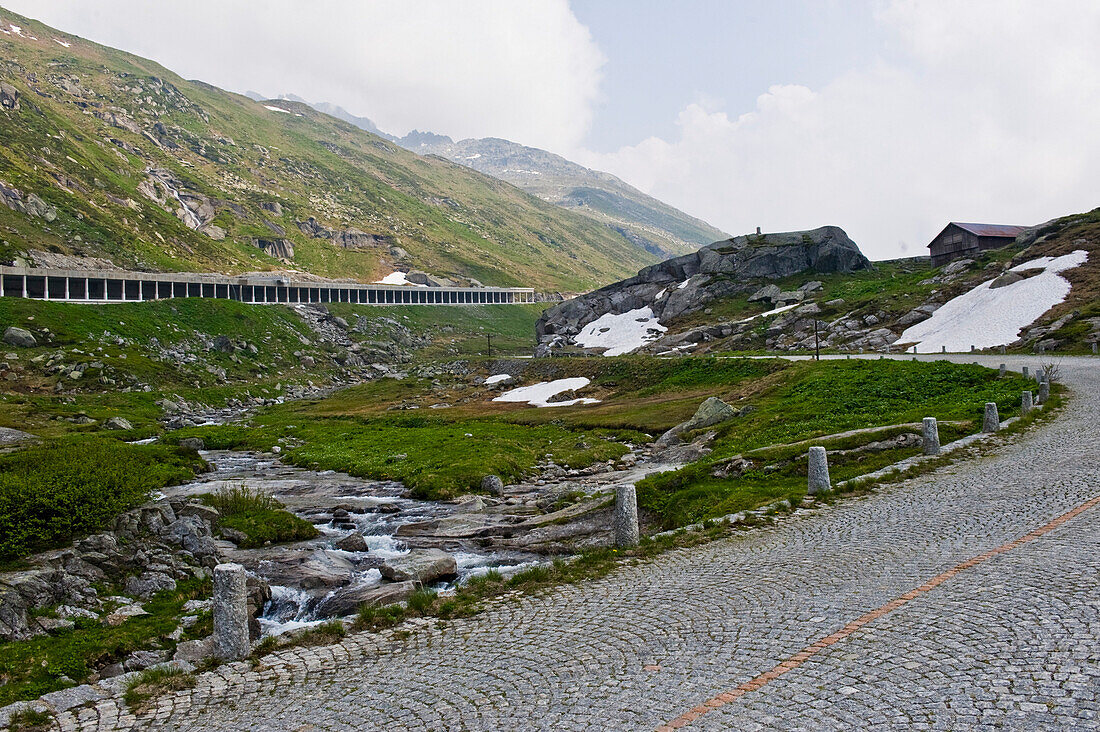 Mountain pass and tunnel through the mountain, St. Gotthard, Switzerland