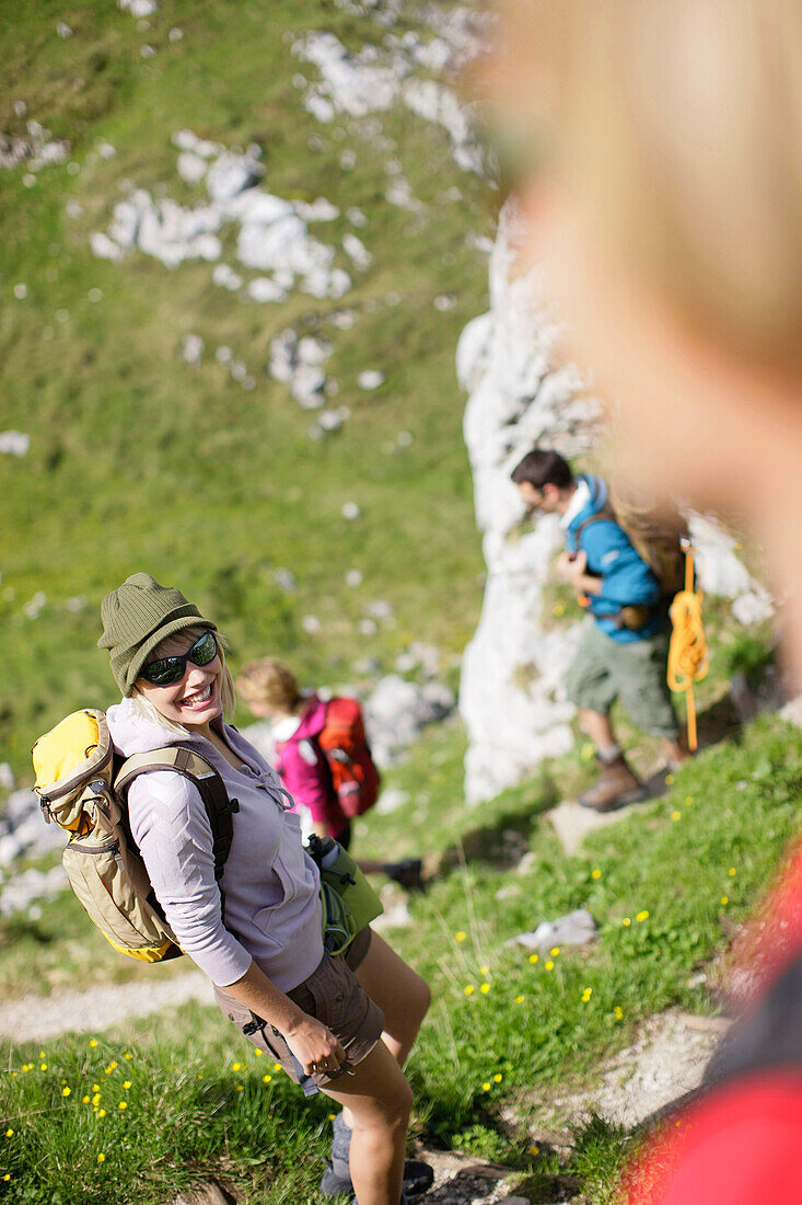 Hikers descenting, Wetterstein range, Bavaria, Germany