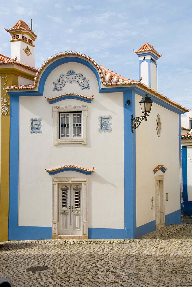 Blue and white painted house, Historical, old fishing village of Ericeira, Portugal