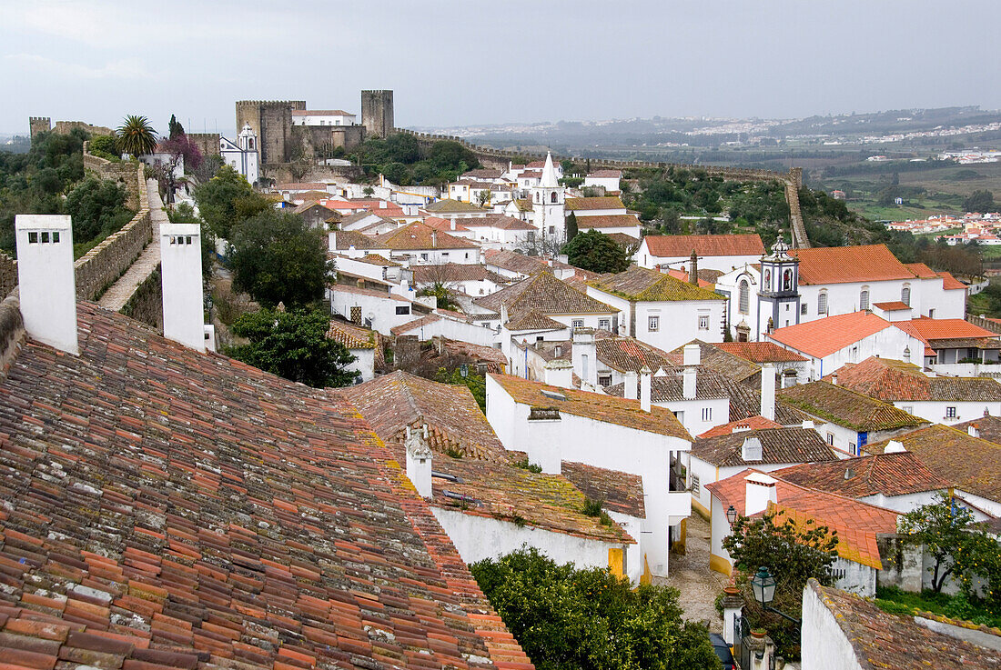 Town of Obidos with castle and fortification walls, Obidos, Leiria, Estremadura, Portugal