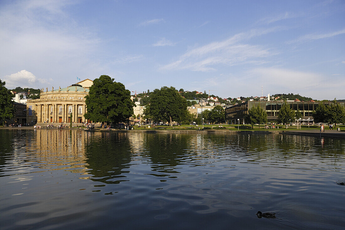 View over Eckensee to National Theatre, Stuttgart, Baden-Wurttemberg, Germany