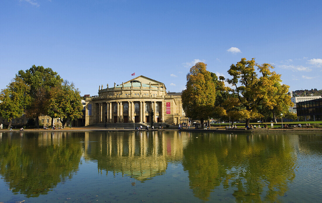 View over Eckensee to National Theatre, Stuttgart, Baden-Wurttemberg, Germany