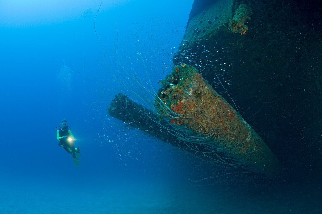 Diver at 12-inch Guns of USS Arkansas Battleship, Marshall Islands, Bikini Atoll, Micronesia, Pacific Ocean