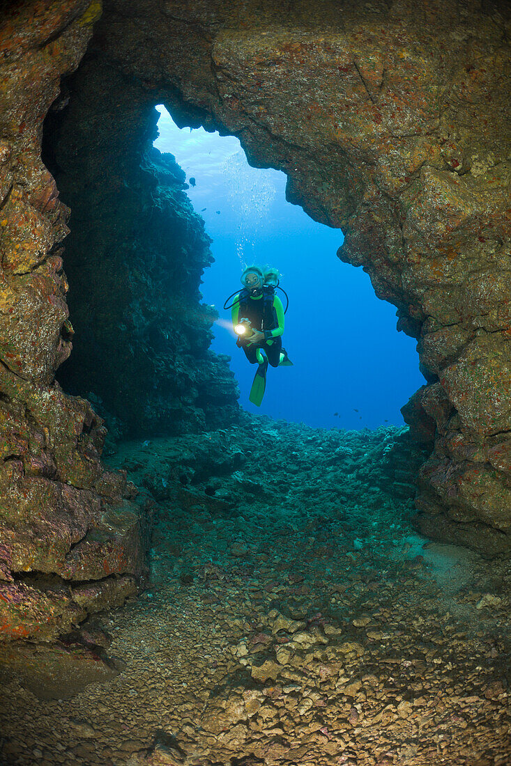 Diver at Caves of Lava Tubes, Cathedrals of Lanai, Maui, Hawaii, USA