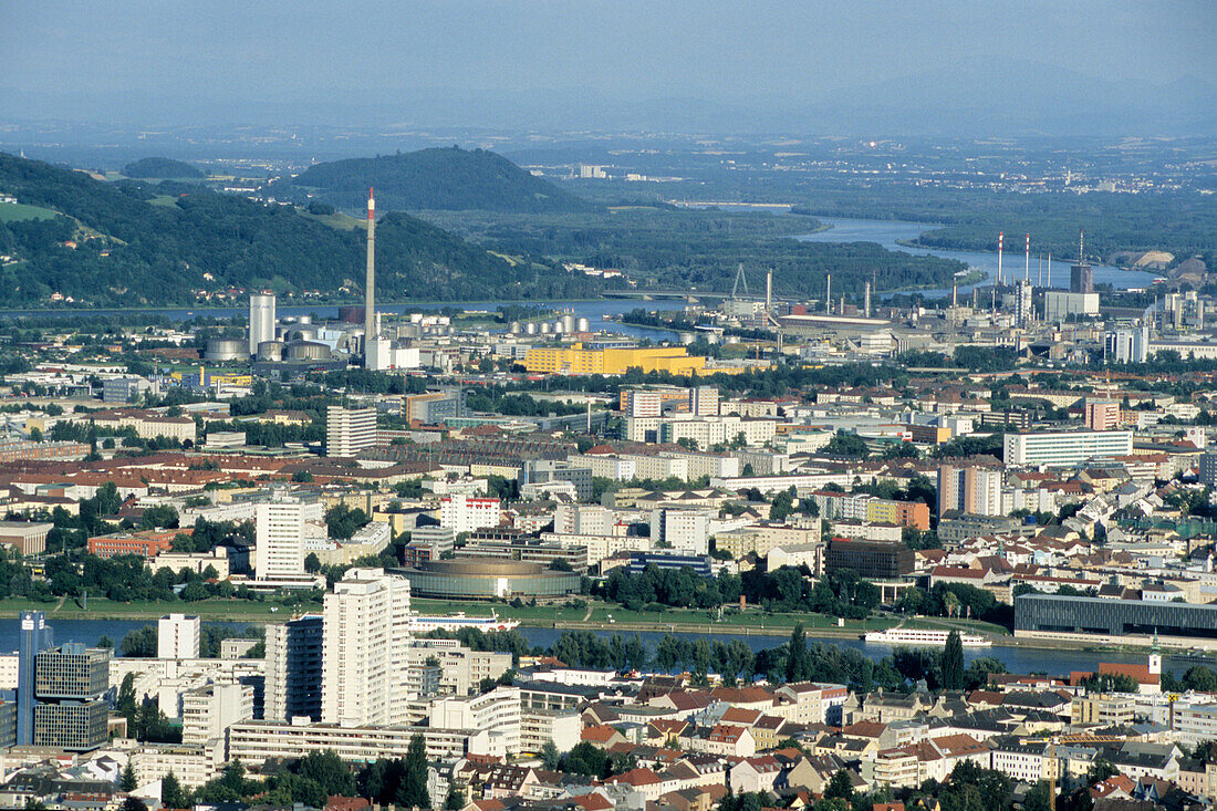 View from Postling Mountain towards Linz and the industrial area, Linz, Upper Austria, Austria