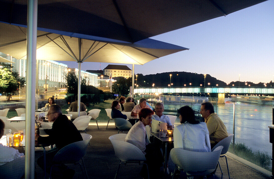 Cafe at Lentos Museum near the river Danube, Linz, Upper Austria, Austria