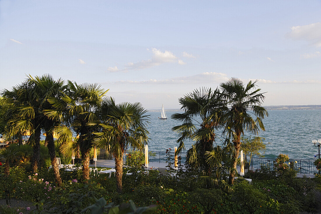 View over the hotel garden towards lake Constance, Meersburg, Baden-Wurttemberg, Germany