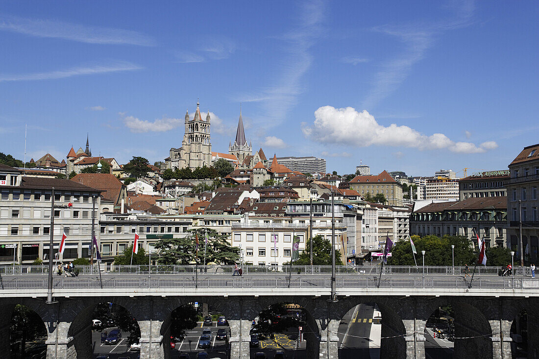 View over Grant Pont to Cathedrale Notre-Dame, Lausanne, Canton of Vaud, Switzerland