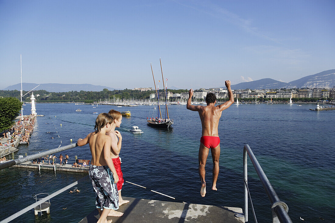 Jumping from Tower, Bains des Paquis, Geneva, Canton of Geneva, Switzerland