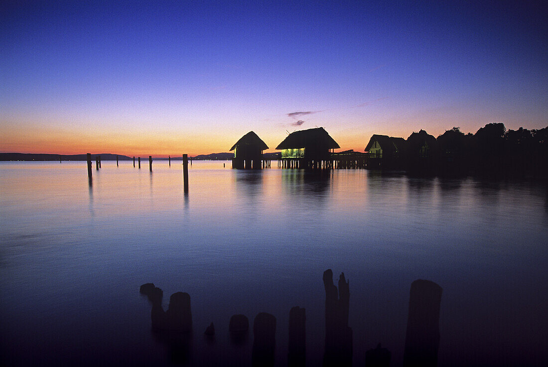 Lake dwellings in the afterglow, Lake Constance, Baden Wurttemberg, Germany