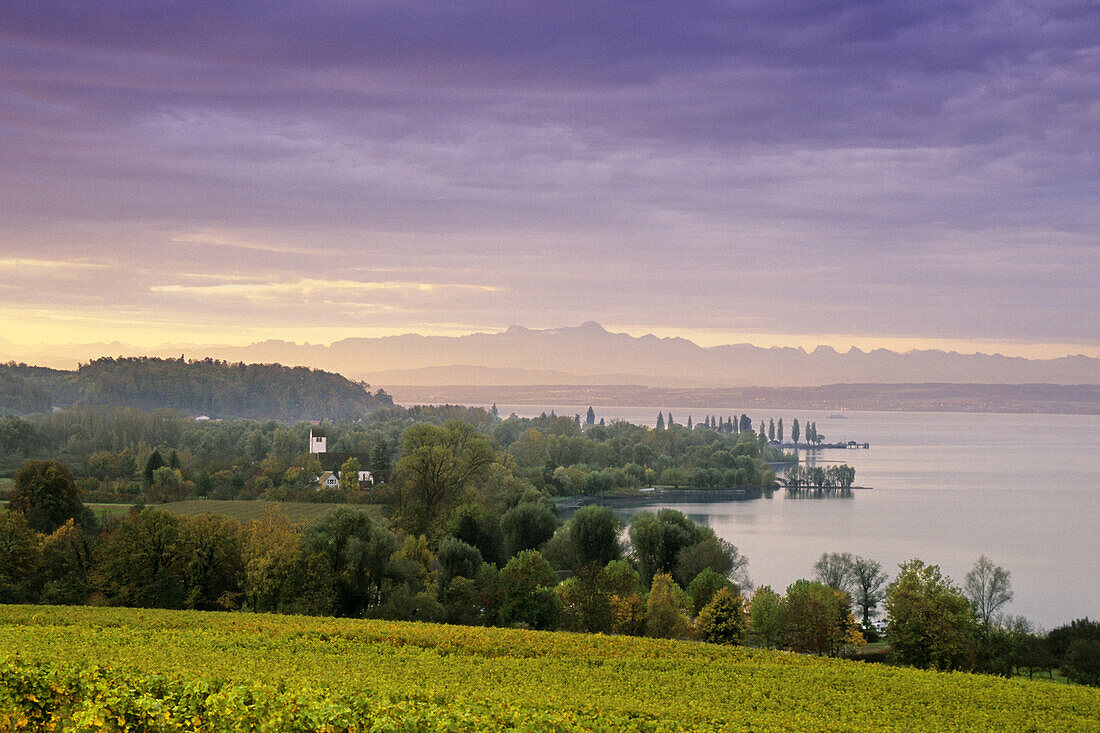 Blick über den Bodensee auf Bergkette der Alpen, Unteruhldingen, Baden-Württemberg, Deutschland