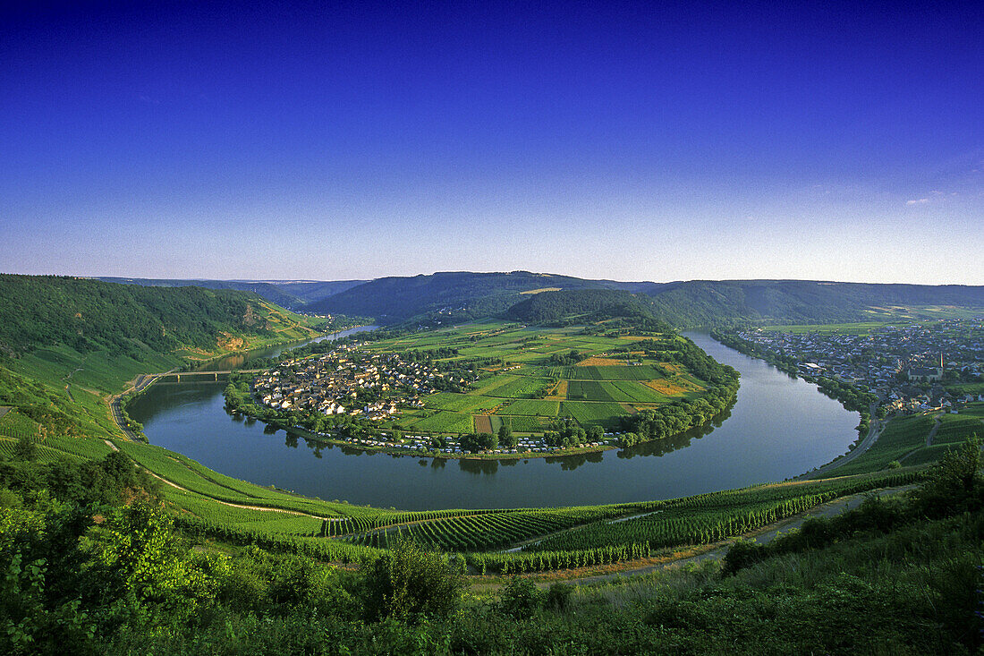 Weinberge an einer Moselschleife, Kröv, Rheinland-Pfalz, Deutschland