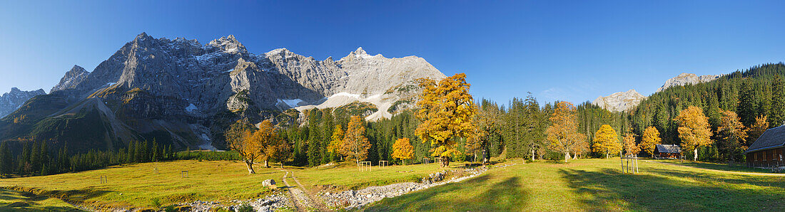 Panorama at Kleiner Ahornboden with maple trees in autumn colours and  Rauhkarlspitze, Kaltwasserkarspitze and Birkkarspitze, Karwendel, Tyrol, Austria