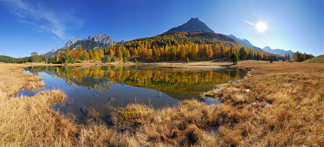 Panorama with lake near Tarasp with larches in autumn colours and Piz Lischana, Piz San Jon and Piz Lavetscha, Unterengadin, Engadin, Grisons, Switzerland