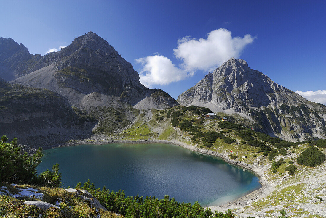 Lake Drachensee with hut Coburg, Mieming range, Tyrol, Austria