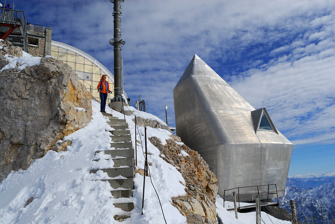 Woman on Zugspitze, Wetterstein range, Upper Bavaria, Bavaria, Germany