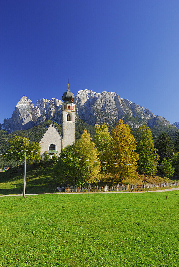 Church St. Constantine, mount Schlern in background, Dolomites, South Tyrol, Italy