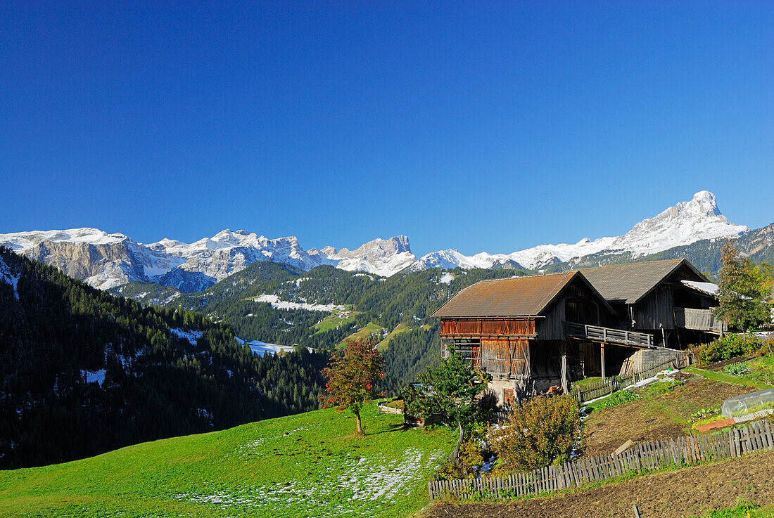 Südtiroler Bauernhof mit Blick auf Puez-Geisler-Puez Gruppe und Peitlerkofel, Gadertal, Dolomiten, Südtirol, Italien