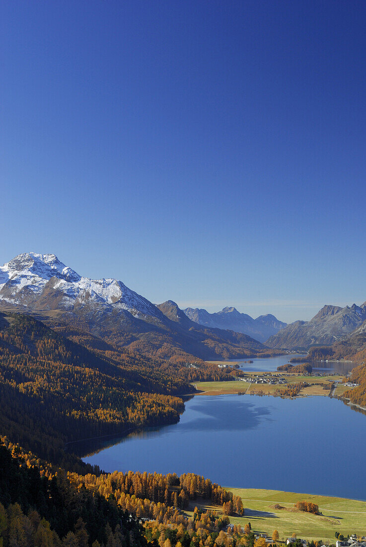 View over lake Silvaplana and lake Sils with Piz da la Margna, Upper Engadin, Engadin, Grisons, Switzerland