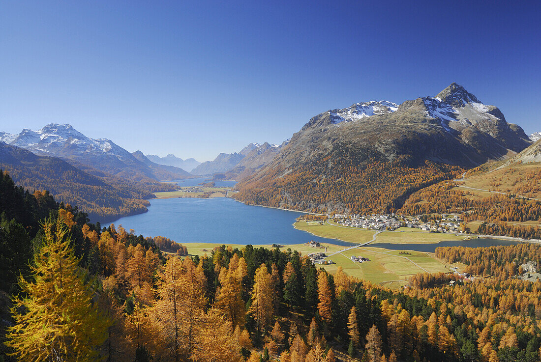 Blick über Silvaplaner See und Silsersee mit Piz da la Margna und Piz Lagrev, Oberengadin, Engadin, Graubünden, Schweiz