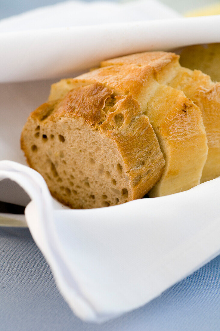 Bread basket with white bread, Restaurant Guth, Germany