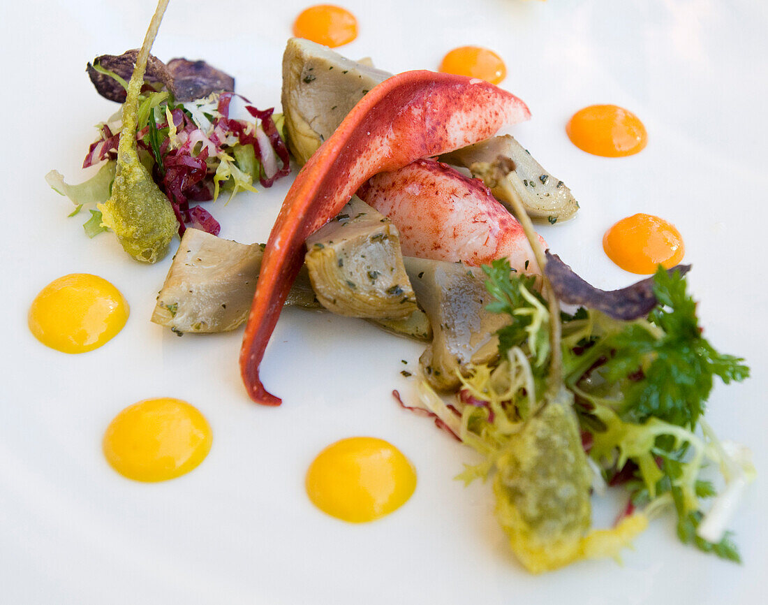 Canadian lobster salad with artichokes and capers, Restaurant Casala, Hotel Residenz am See, Meersburg, Lake Constance, Baden-Wurttemberg, Germany