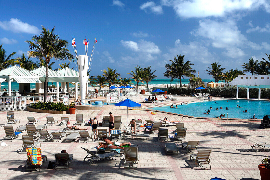 View at terrace and swimming pool of the Deauville Hotel, Miami Beach, Florida, USA