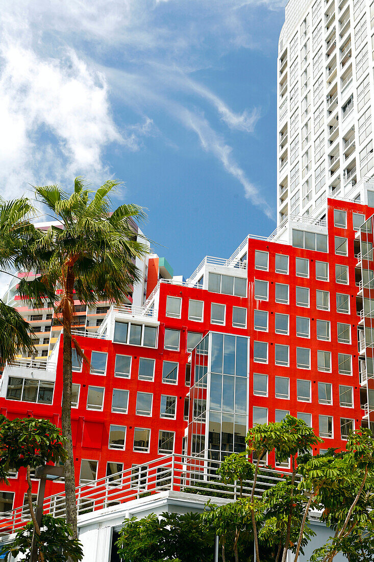 Red facade under blue sky, Arquitectonica's Imperial Condomium, Brickell Avenue, Miami, Florida, USA