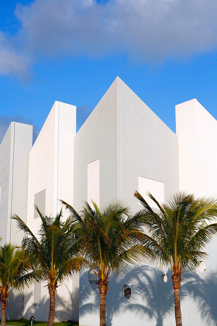 Palm trees in front of the facade of the Miami Children’s museum, Macarthur Causeway, Miami, Florida, USA