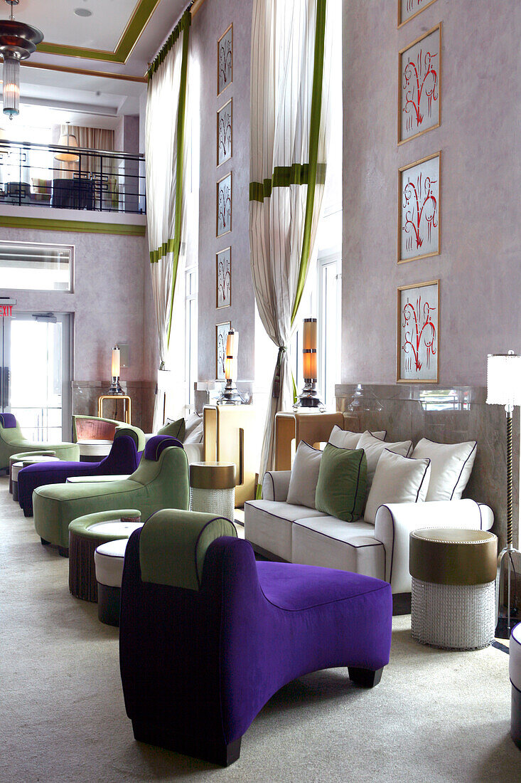 Interior view of the deserted lobby at the Victor Hotel, South Beach, Miami Beach, Florida, USA