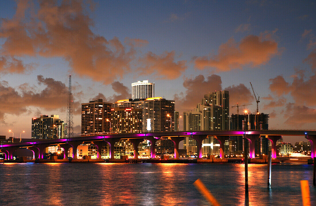 The illuminated high rise buildings at downtown in the evening, Miami, Florida, USA