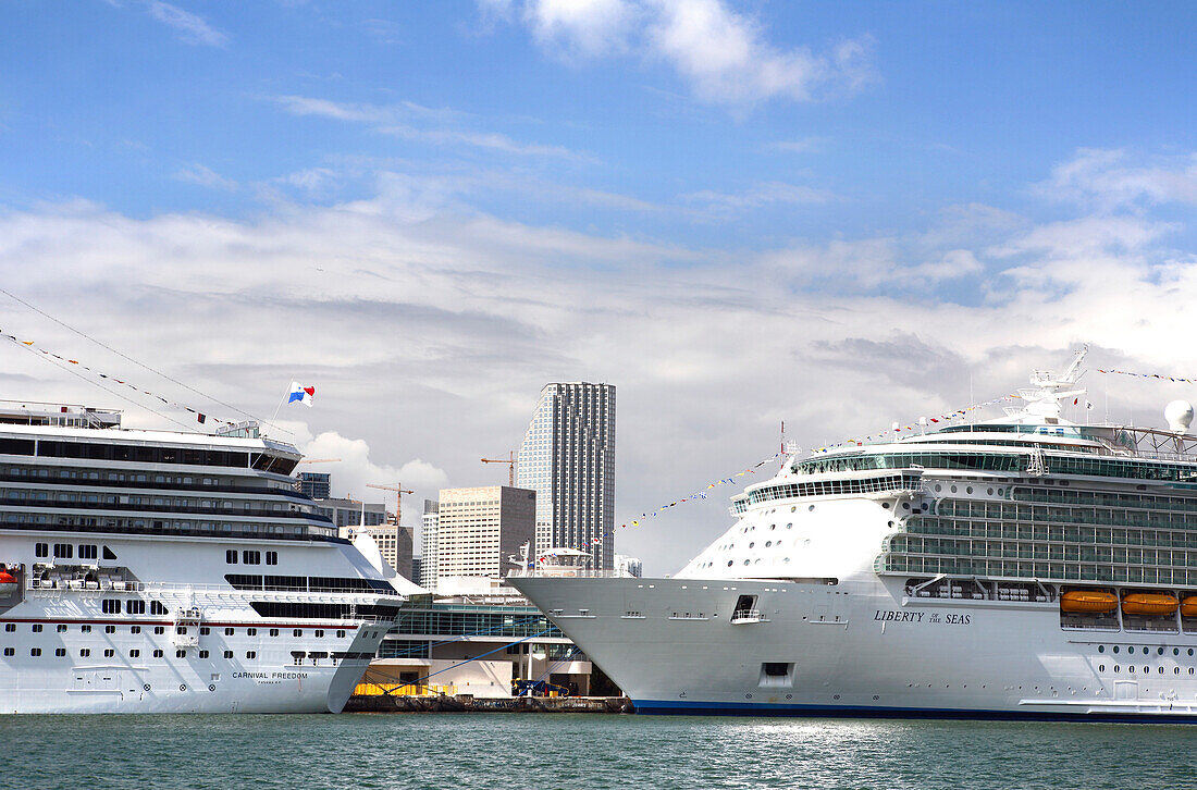 Kreuzfahrtschiffe im Hafen von Miami unter weissen Wolken, Miami, Florida, USA