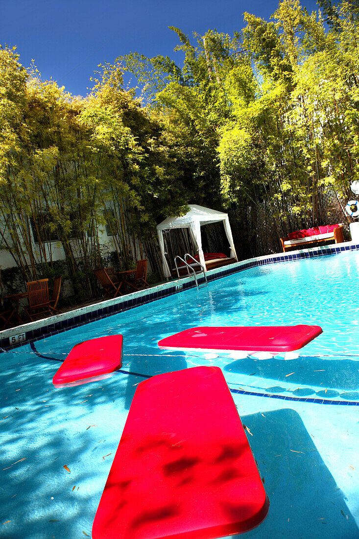 Der menschenleere Pool des Catalina Beach Club Hotel im Sonnenlicht, South Beach, Miami Beach, Florida, USA
