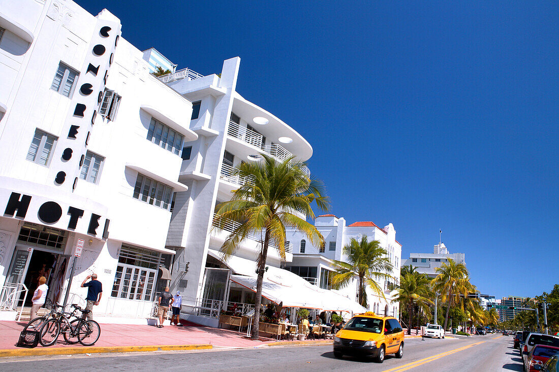 Hotels on Ocean Drive in the sunlight, South Beach, Miami Beach, Florida, USA