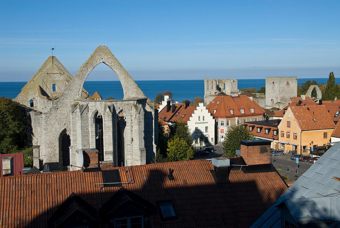 View of Visby with the ruins of St Catherines Church, Gotland, Sweden, Scandinavia, Europe