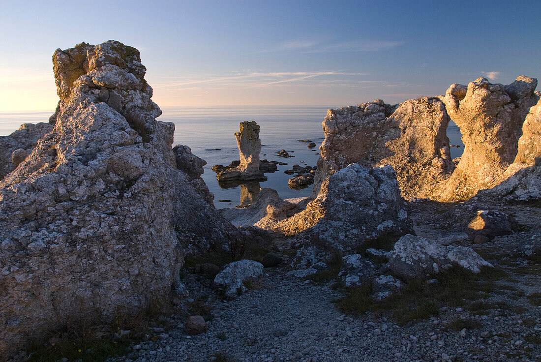 Limestone columns, Raukar, near Lauter, North West Coast, Faro, Gotland, Sweden, Scandinavia, Europe