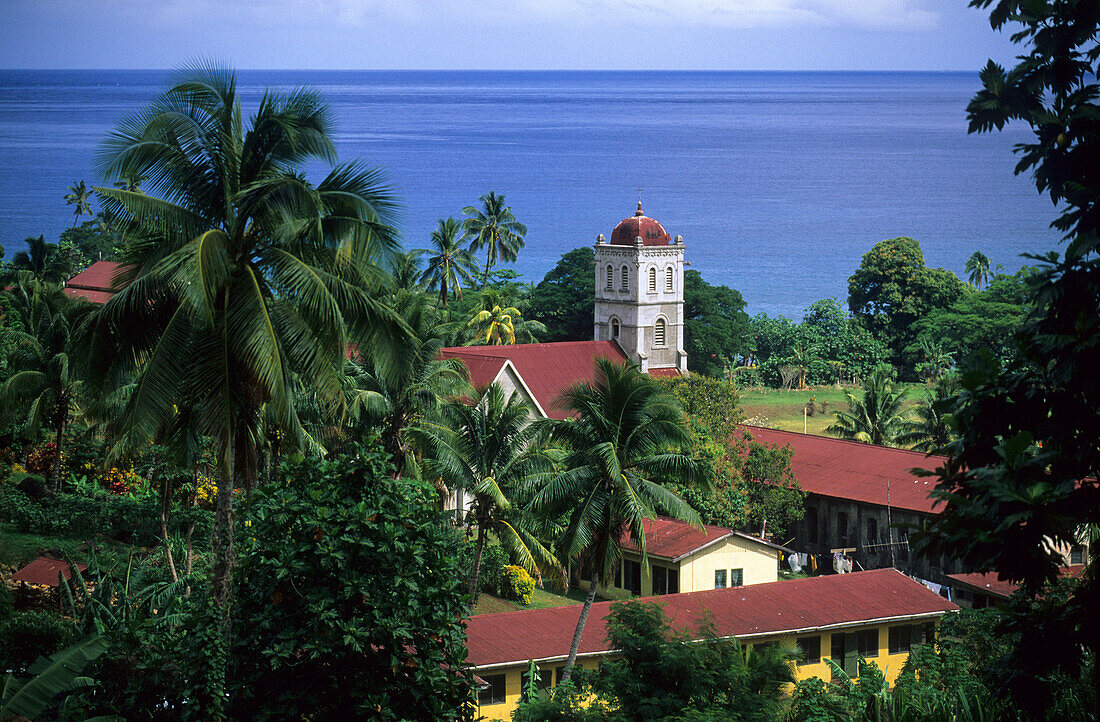 The buildings of the catholic mission under palm trees, Waikiri, Island of Taveuni, Fiji, South Seas, Oceania