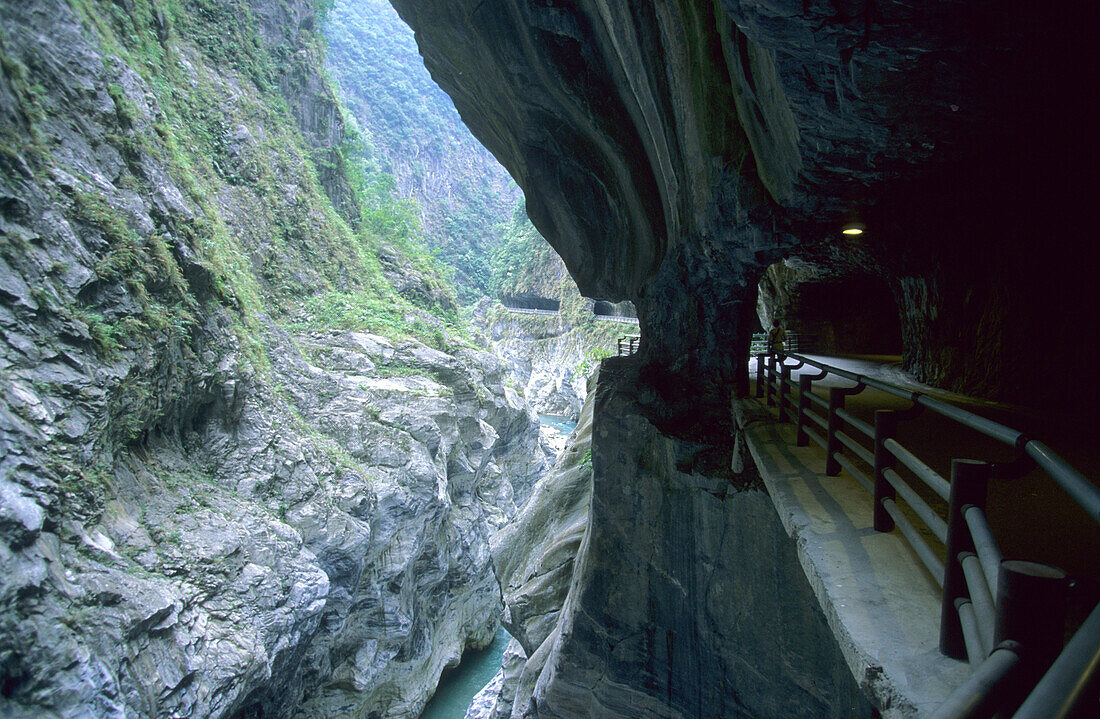 A deserted track in a rock face with view at the Taroko Gorge, Taroko National Park, Taiwan, Asia