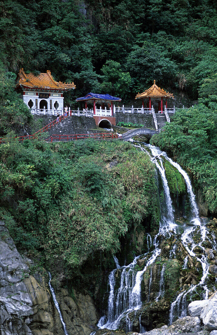 View at the Shrine of the Eternal Spring and a waterfall at the Taroko Gorge, Taroko National Park, Taiwan, Asia